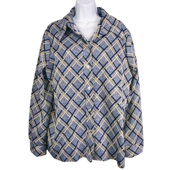 Vintage 70s Shirt Top Womens L Blue Yellow Check Double Knit Polyester - Picture 1 of 5